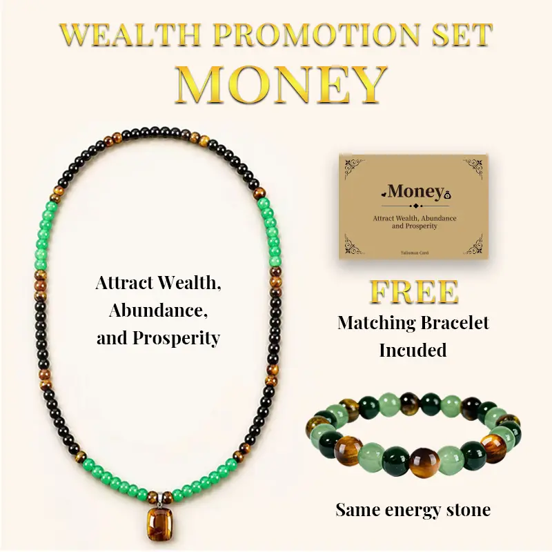 PETRALUNE [Buy One Get One Free] Wealth Attracting Necklace Set, includes black agate and green Dongling jade stones, green quartz and tiger’s eye pendant, healing crystal stone, paired with a bracelet, wealth attracting crystal jewelry, gift for men and