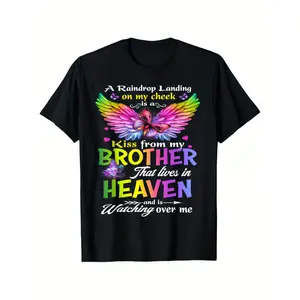Heavenly Brother Memorial Menswear Top - 100% Cotton 180gsm Unisex Round Neck Shortsleeve T-Shirt, Angel Wings & Heart Graphic, Comfort Fit S-XXXL, Black Streetwear Sympathy Gift for Brother's Loss/Birthday, Machine Washable