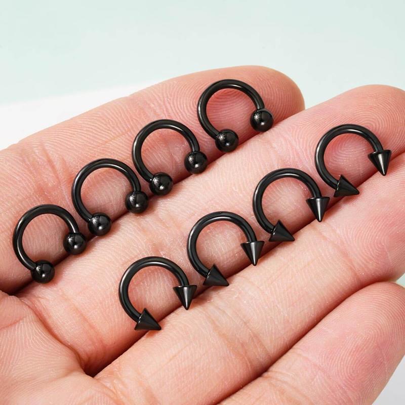 Oufer 8PCS Horseshoe Septum Nose Piercing Ring 316L Stainless Steel Silver Black Gold 8mm 10mm 12mm Hypoallergenic Classic Ball Closures Bold Spike Designs