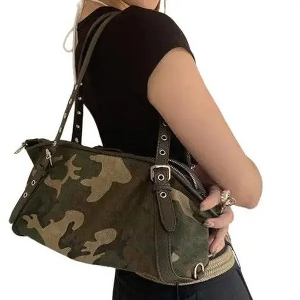 Women's Camo Print Underarm Tote Bag - Casual Fashion, Fashionable Patterned, Niche Design, 2026 Bowling Theme Luggage Accessory with Underarm Strap, Sporty Edge for Daily Commute