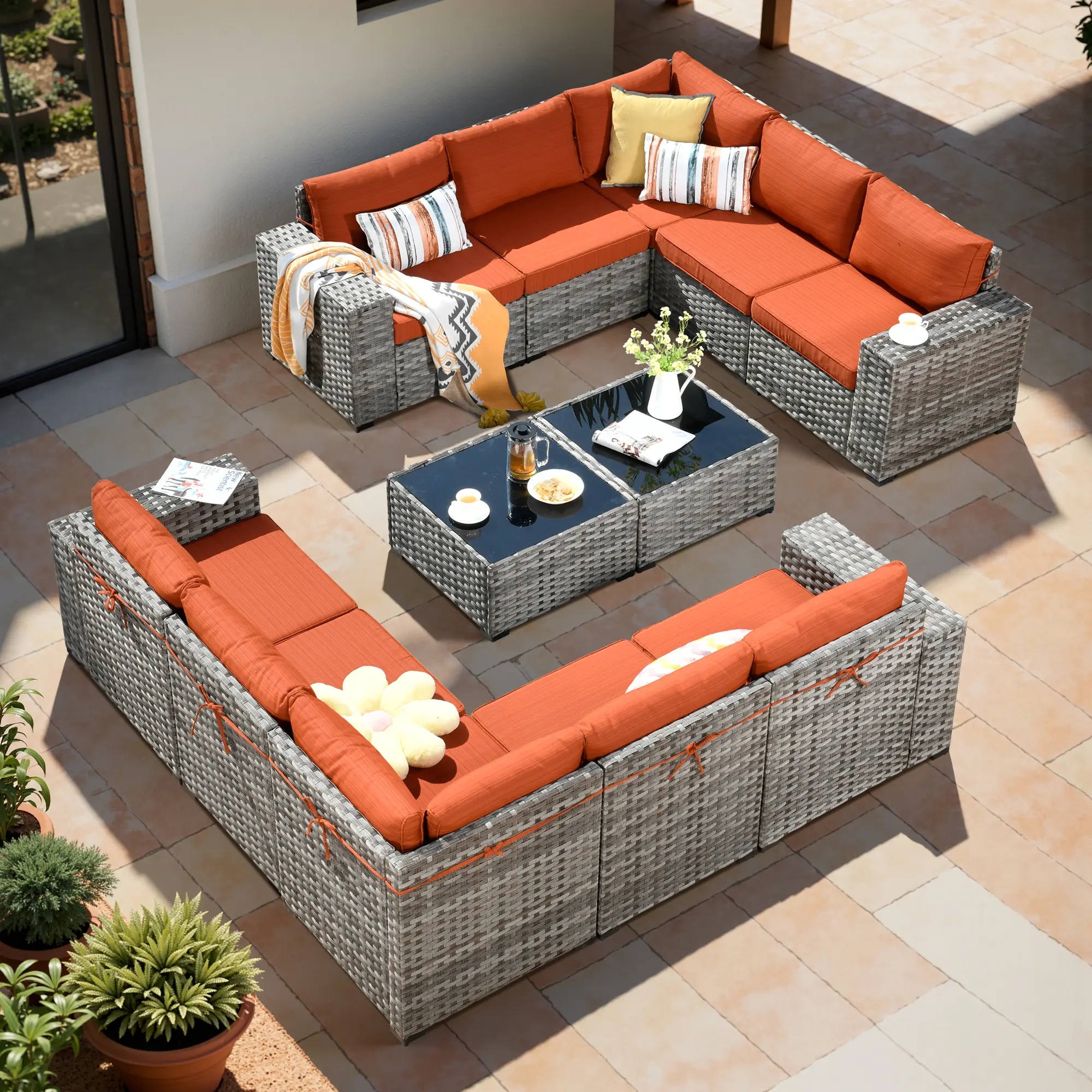 【4 Packages Shipping】HOOOWOOO Luxury High Back Outdoor Furniture Set 12 PCS with 3.5" Extra Thick Cushions, Glass Table, All Weather Wicker Patio Conversation Sofa Couch for Yard, Poolside