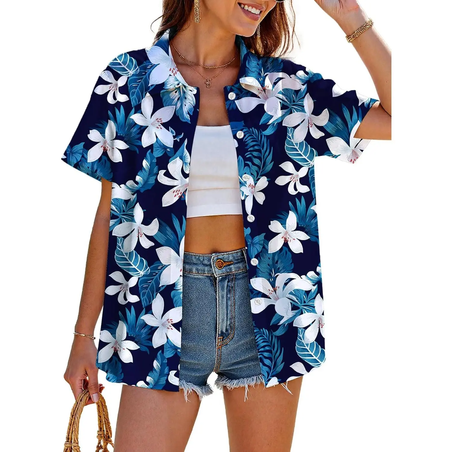 Women's Button-Down Hawaiian Tropical Print Short-Sleeve Loose-Fitting Lightweight Oversized Blouse for Summer Beach Vacation Casual Outfits, Shortsleeve