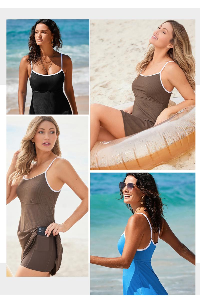 Aleumdr Women’s Ribbed One Piece Swimsuits Modest Swim Dress Tummy Control Adjustable Straps Bathing Suit with Pockets Sport Swimming Clothing Beach Flowy Swimdress