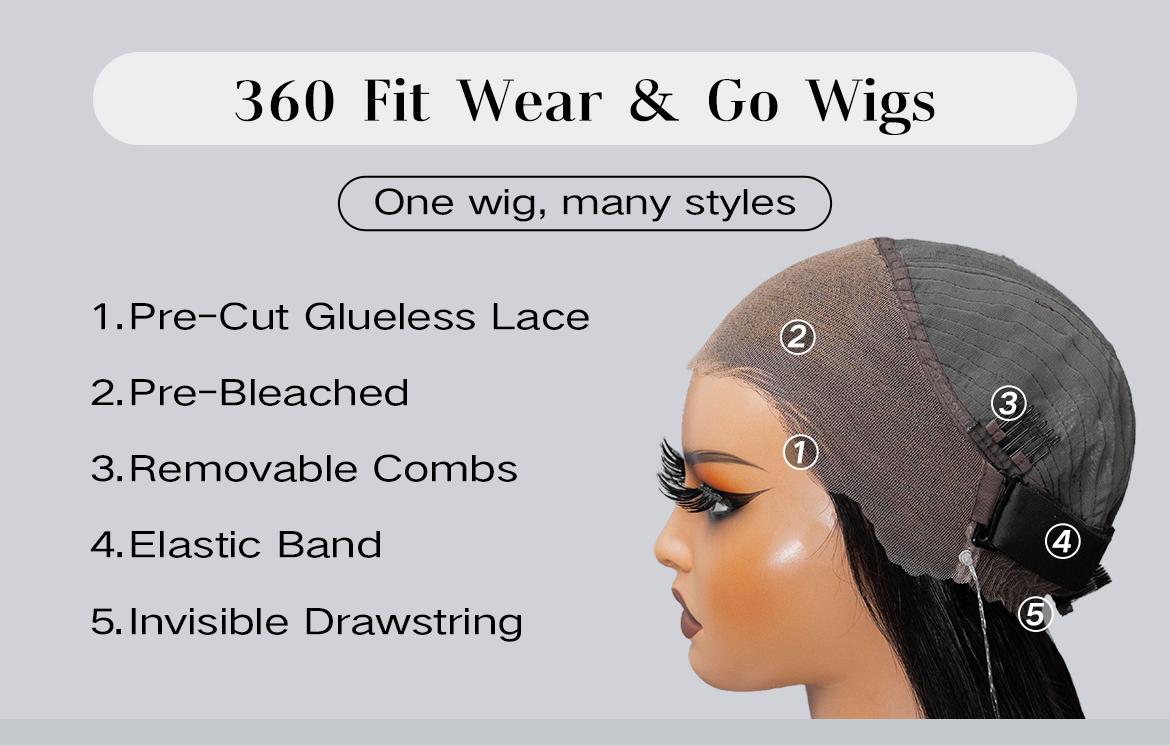 Wavymy 360 Straight Invisi Drawstring Wear Go Glueless Pre-Bleached And Pre-Cut Lace Wigs Flexi-Fit  Glueless Water Wave Wigs 180% Density Human Hair