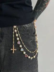 ARKENIA Vintage Colorful Rhinestone Cross Pants Chain, Men's Hip Hop Body Chain for Pants Decoration, Unique Fashion Accessory Vintage Body Jewelry