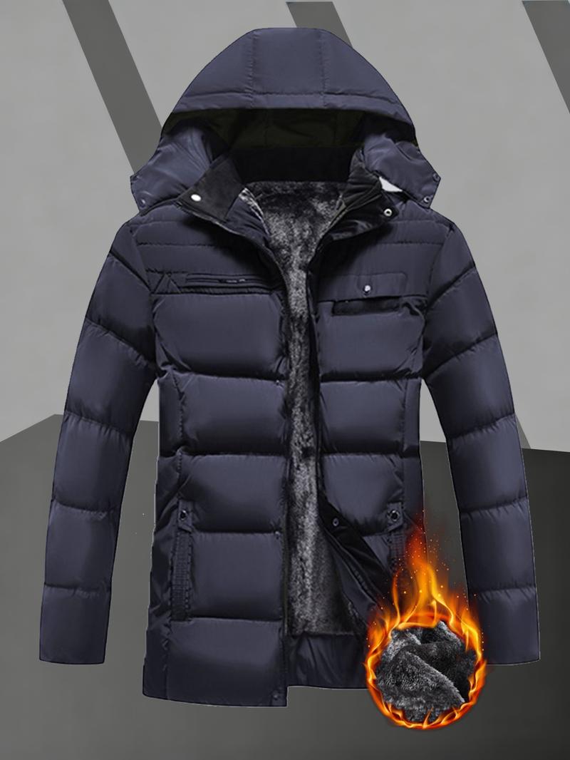 Men's Winter Long Cotton-Padded Fleece Hoodie – Warm Thick Cotton Jacket with Removable Hood and Zipper Front Closure; Perfect for Various Occasions Such as Hiking Trips and Daily Commutes; A Must-Have Versatile Piece for Men's Wardrobes