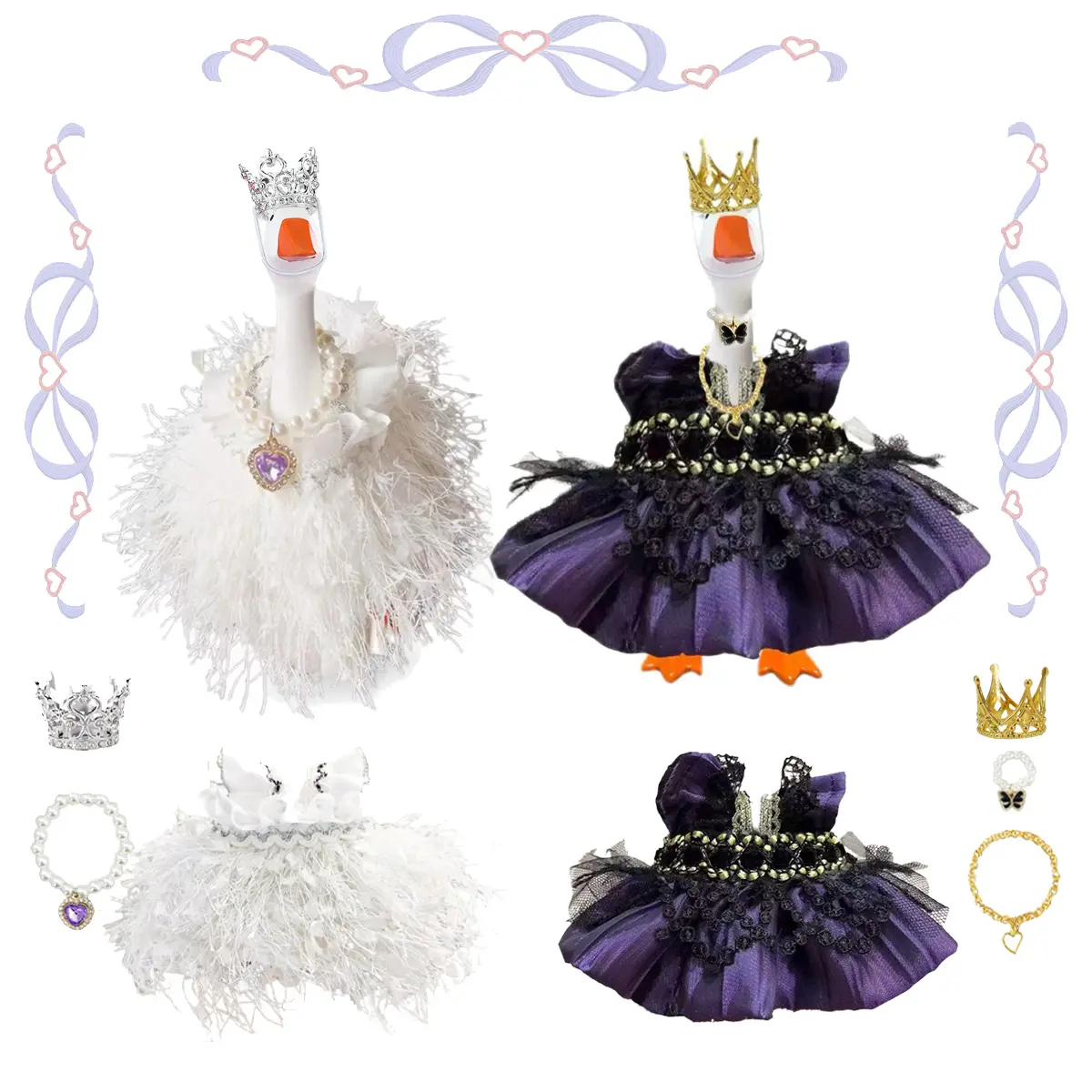 2 Set 7 Inch Desk Goose Princess & Queen Dress Outfit with Accessories, Elegant Dress Costume Set with Crowns&Necklaces,Perfect Birthday Gift&Home Decor