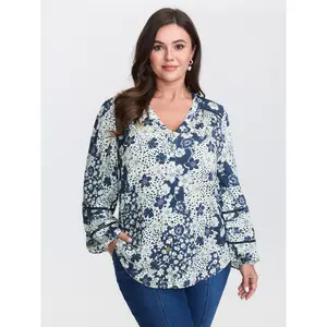 【Summer Turn-Up】【Essential】BlOOMCHIC Plus Size Monochrome Floral Print Ruffled Button-Down Shirt [M-6X] 2026 Summer Pick for Mother's Day