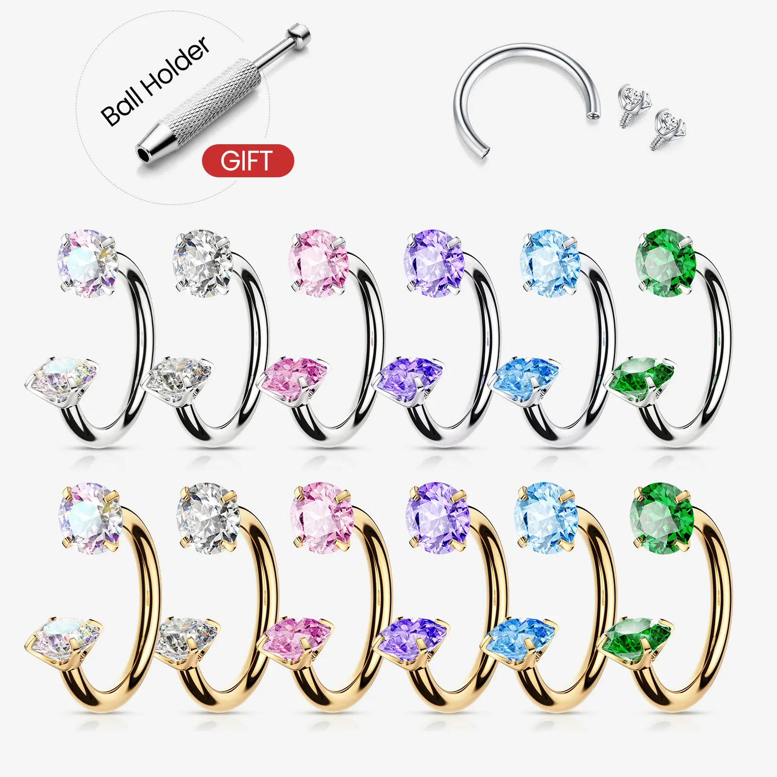 Titanium 20G/18G Horseshoe Nose Ring(Free Ball Holder) Internally Threaded Gems,Earring Daith Cartilage Helix,Piercing Jewelry