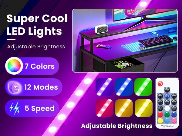 53” Gaming Desk with USB Charging Ports & LED Lights, Reversible L Shaped Desks Computer Corner Gamer Table with Power Outlets Monitor Stand Storage Shelves for Home Office Small Space, Black