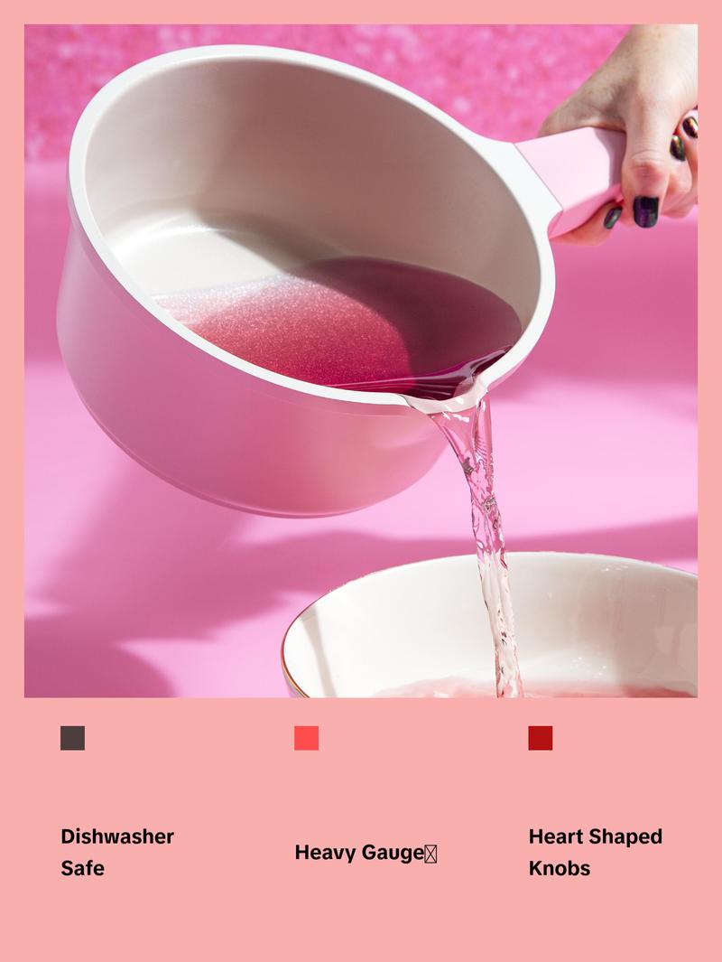 Paris Hilton Clean Ceramic™ Nonstick Cookware Set 10-Piece Cast Aluminum with Heart Knobs Soft Pink Finish Dishwasher Safe