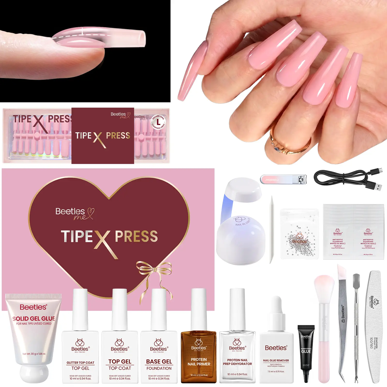 【Exclusive to TikTok】Beetles TIPEX Press Pre Designed Press On Nails Tips Kit, with Prep Kit and Remover Pink Nude Long Square Coffin Shape Natural Acrylic Nail Tips Effortless Beauty & DIY Manicures - mothersdaygift Summer Nail Vacation Nail #SummerVibes