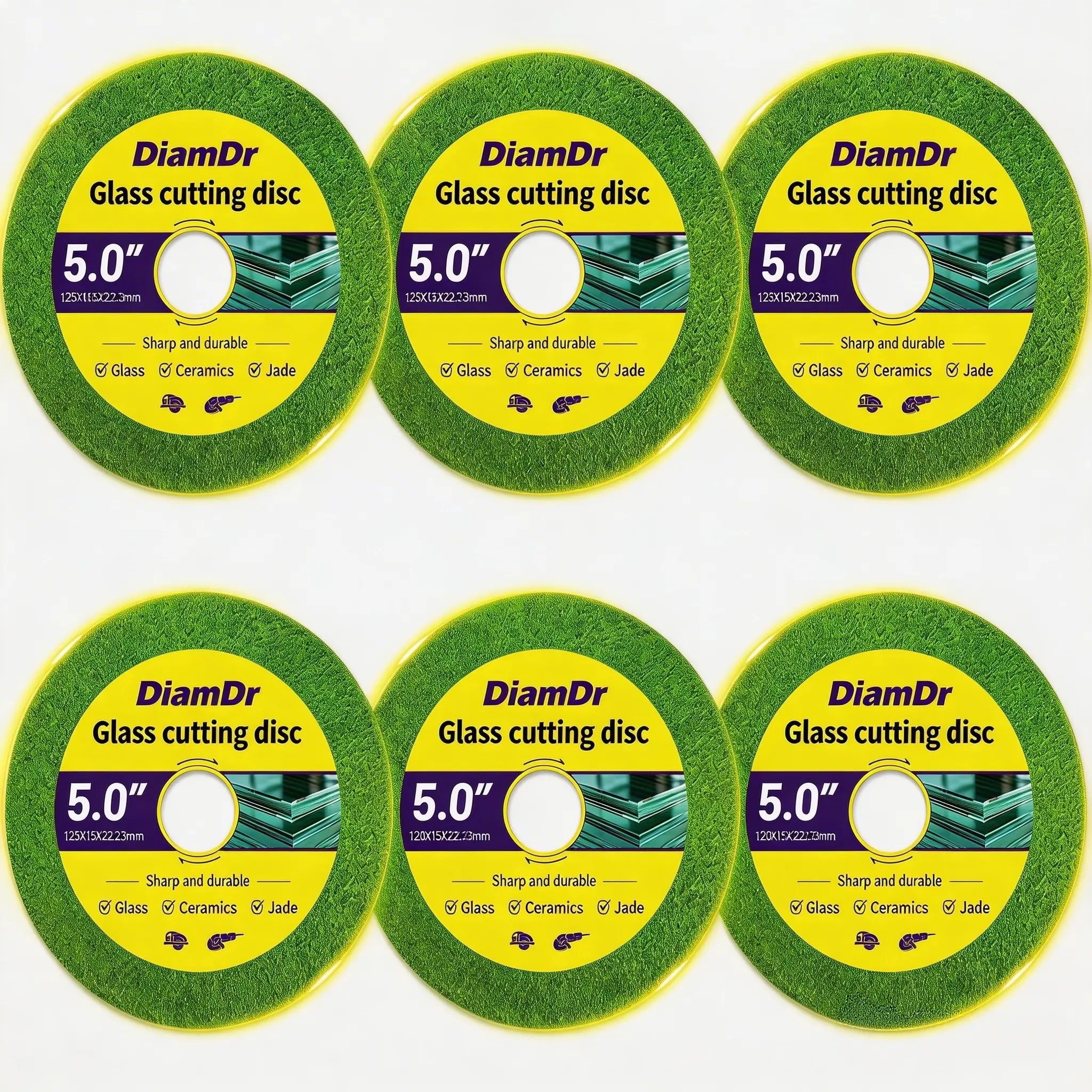 DiamDr 5" Diamond Glass Cutting Discs (6-Pack) - 125x15x22.23mm, 15mm Thickness, Diamond Grit, Safe & Efficient, Durable, Chip-Free Blades for Glass, Ceramics, Jade, Fits 5" Angle Grinders, Angle Grinders Attachments, Standard Size, 6 High-Performance Bla