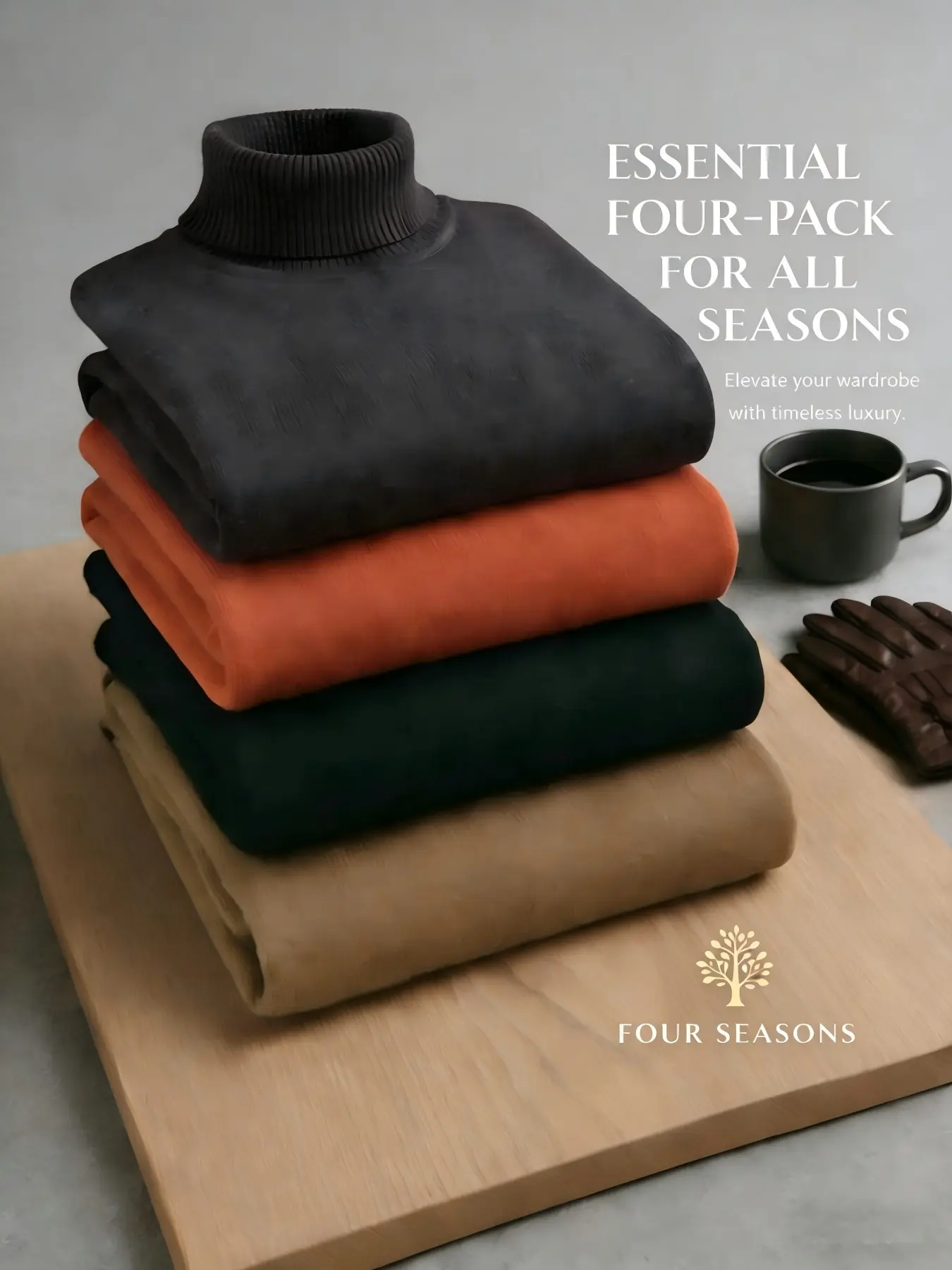 Men's 4-Pack Classic Knitted Ribbed Turtleneck Sweaters, Soft Ribbed Knit Slim Fit, Anti-Pilling Long Sleeve Tops, Ideal for Office Commute and Fall/winter Casual Basic Knitwear
