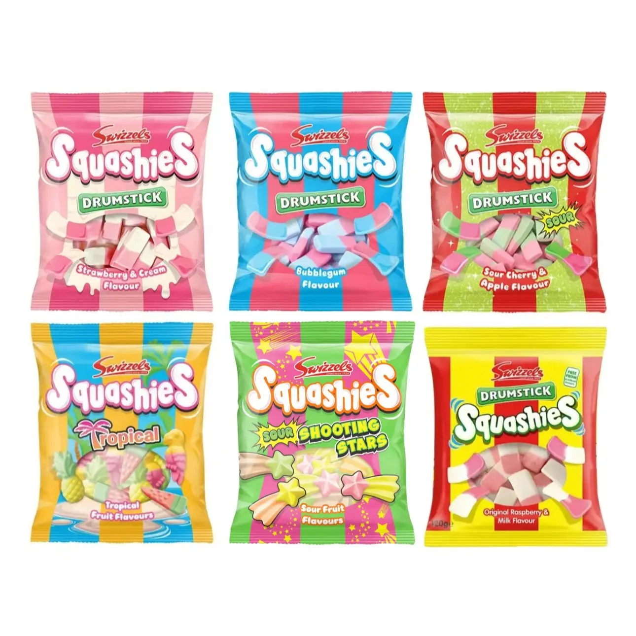 Squashies Drumstick Candy - Strawberry, Sour Cherry and Apple, Bubblegum,  Rhubarb and Custard ,Original Raspberry and Milk Flavor Candies 120g Each - Imported from the UK