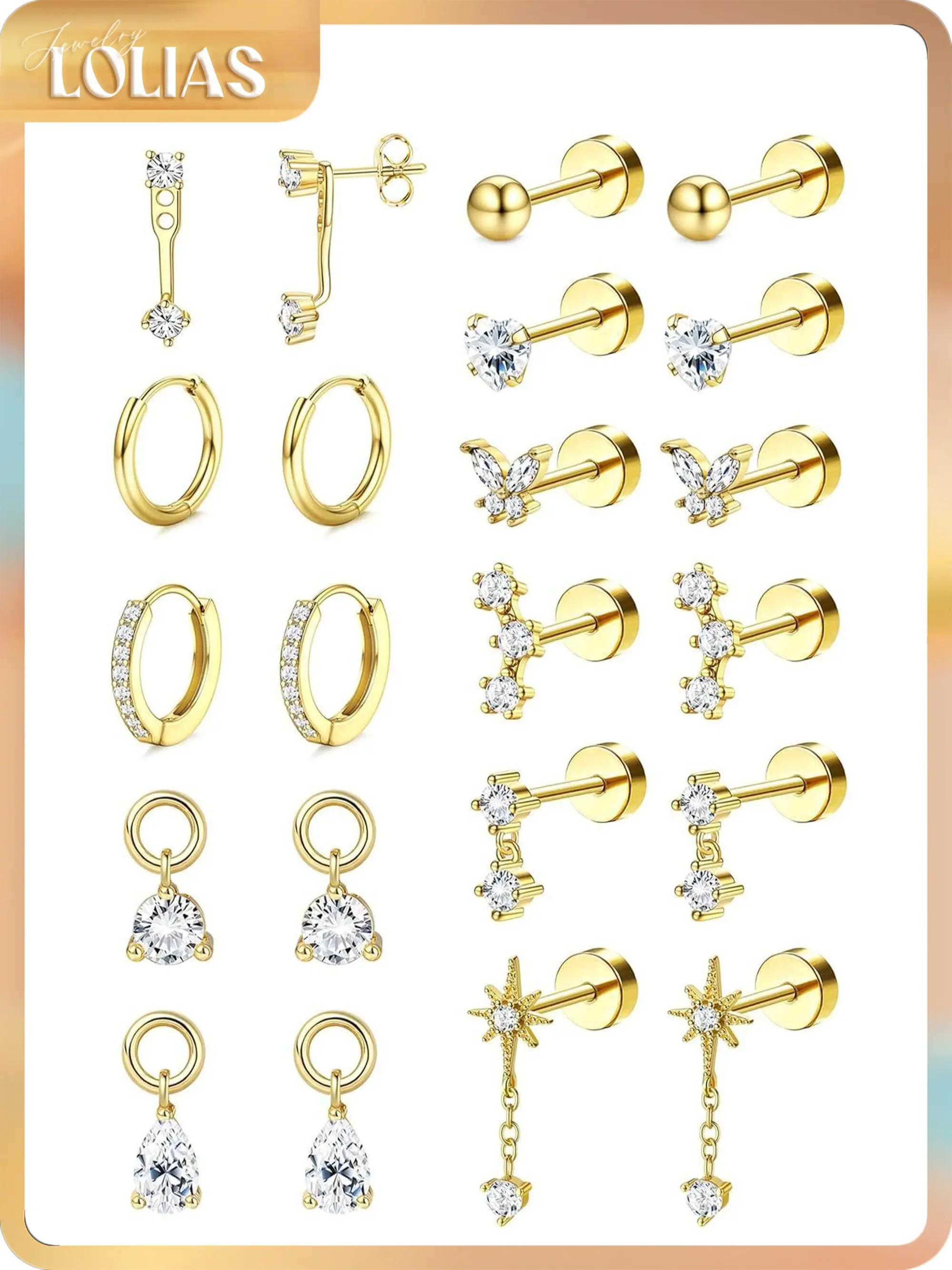 LOLIAS Hypoallergenic Flat Back Earrings Cartilage - Gold Silver Earring Stacks Surgical Stainless Steel Helix Tragus Conch Flatback Stud Hoop Earring Sets for Sensitive Ears Women Trendy Gift