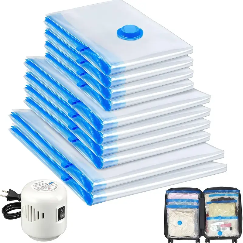 Travel Vacuum Storage Compression Bag Set – 15-Pack in 3 Sizes – Handheld Pump with Waterproof & Reusable Space Saver for Clothes & Packing, Perfect for Carry-On Suitcases