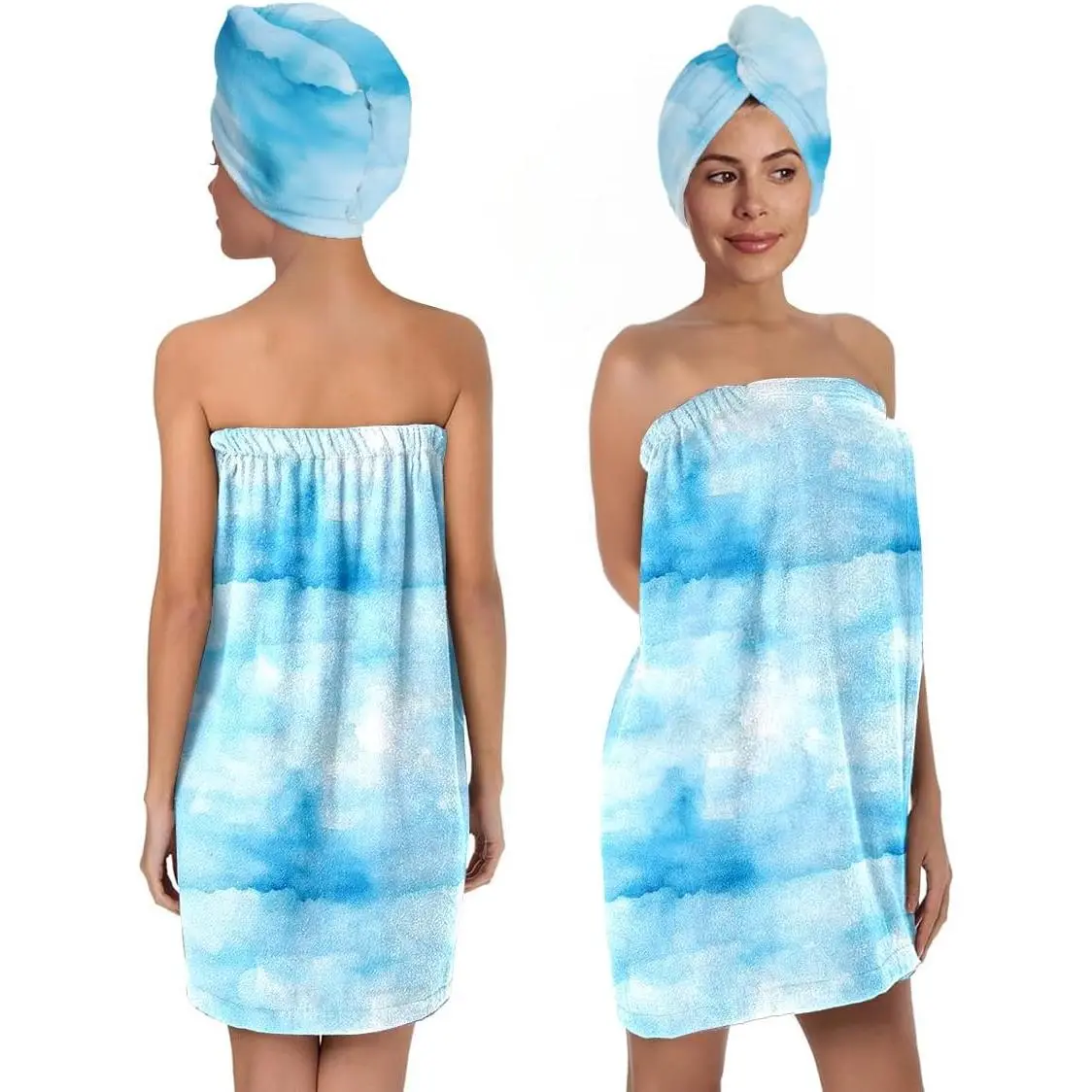 Women's 2-Piece Bath Wrap Set - Cloud Print Sky Blue Robe Towel, Hair Turban for Bathroom Home Supplies