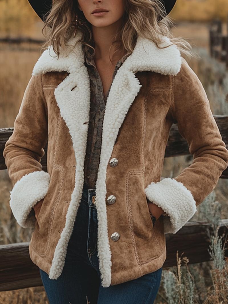 Aswulk Women's western denim retro lambskin patchwork warm suede jacket with pockets