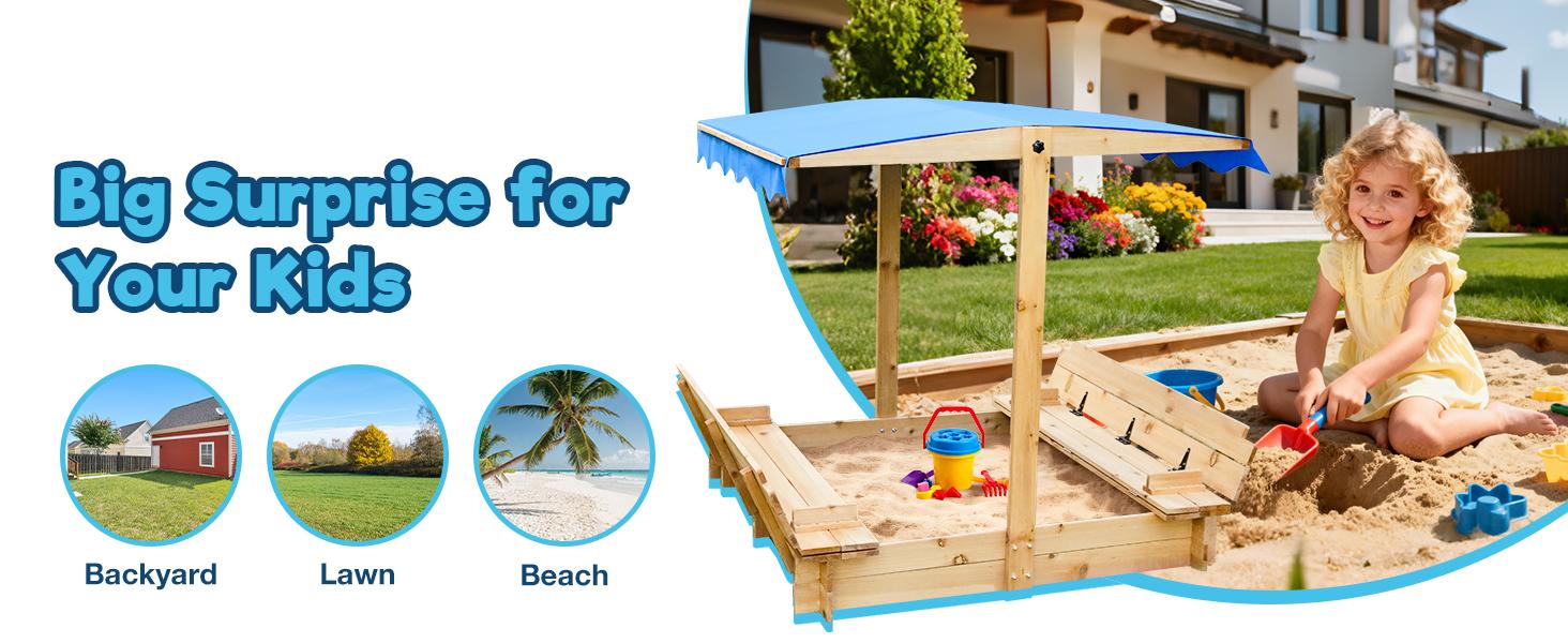 FUNTOK 48''x48'' Kids Sandbox with Lid, Wooden Sand Box with Foldable Bench Seats, Rotatable Canopy, UV-Protection, 300 Lbs Weight Capacity, for Backyard, Patio, Outdoor Play