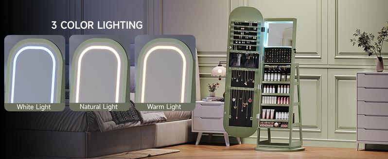 【LED Jewelry Mirror & Valentine's Day Gift】ONBRILL 360° Swivel Jewelry Mirror Cabinet with Lights Inside Makeup Mirror Standing Jewelry Armoire Organizer Rotatable Full-Length Mirror with Jewelry Storage Lockable with Back Storage Shelves