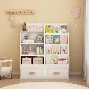 Kids Front Display Bookshelf with 2 Drawers, Toddler Bookcase and  Storage Organizer, Multi-Level Wooden Reading Shelf for Books and , Space-Saving Kids Storage Cabinet for Playroom, Nursery, Bedroom, White toy summer turn-up