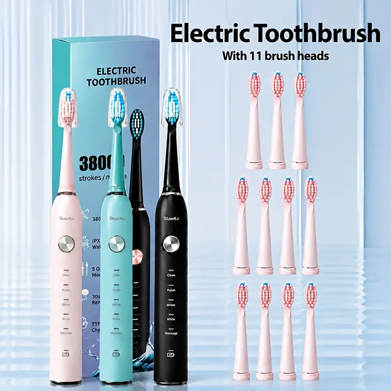 Staaricc IPX7 Waterproof Sonic Electric Toothbrush for Adults - Couple Set, Metal Shaft, USB-C Direct Charging, Ergonomic, Intelligent Timer, 30-Second Quadrant Reminder, 11 Heads, Deep Cleaning, Shower Safe, Brightening, Rechargeable, Usb-C Charge, 30 Se