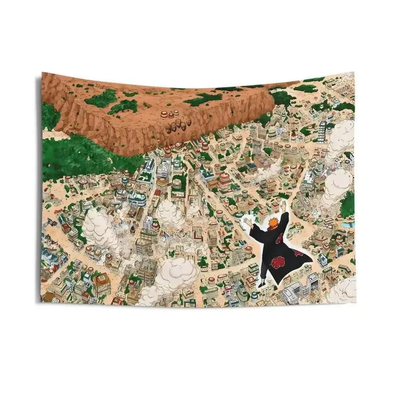 Naruto Konoha Village Attack Tapestry Wall Hanging - Decorative, Customizable, Fade-Resistant Artwork Print Tapestry for Bedroom Dorm Home Decor (Pain vs Konoha Anime Theme)
