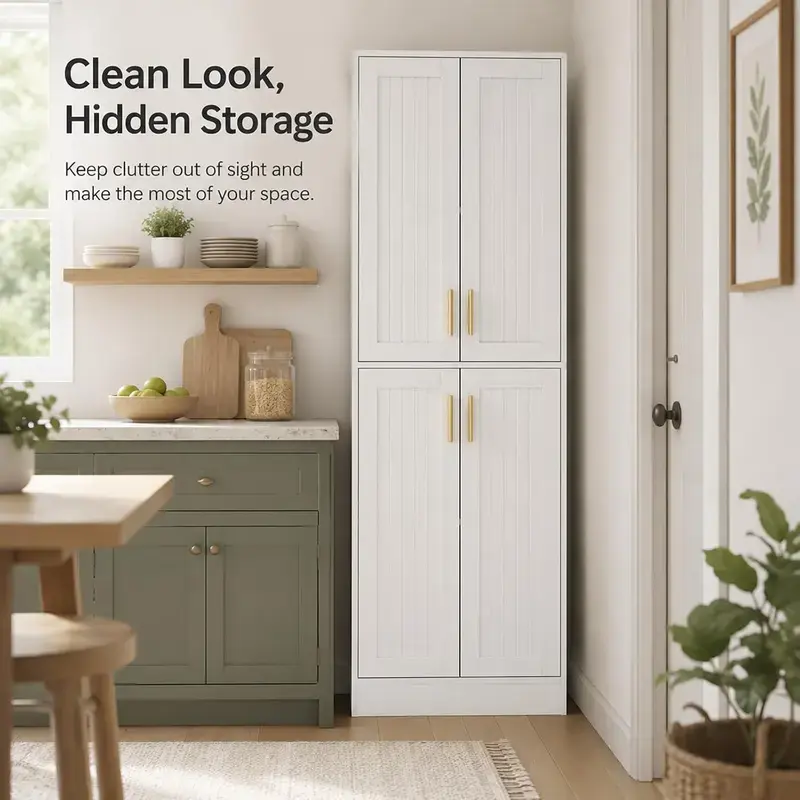 Tall White 4-Door Kitchen Pantry Cabinet - Single Unit Indoor Storage Cupboard with Ample Space, Sturdy Base, Hides Messy Food Supplies, Ideal for Small Apartment Kitchen, Laundry Room