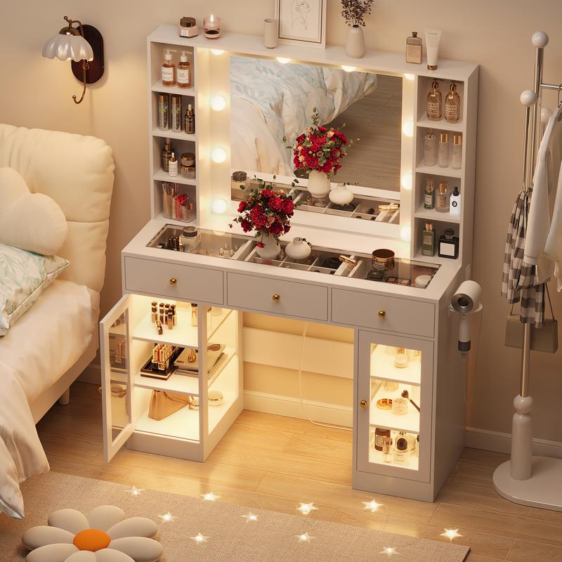 Makeup Vanity Desk with Mirror and Lights, LED Lights & Power Outlet,Modern makeup vanity 3 Drawers & 2 Cabinets, 8 Storage Shelves, Adjustable Lighting, Dressing Table for Bedroom