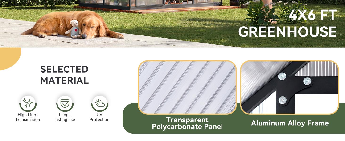 Aoxun 4x6 FT Outdoor Greenhouse, Polycarbonate Greenhouse with Aluminum Frame, Walk-in Green House with Roof Vent, Ground Nails, Lockable Door for Garden Backyard, Patio, Lawn,Quick-Installation