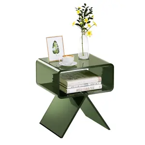 VEVOR Acrylic Nightstand Side Table, Modern Clear Bedside Table with Storage Shelf, Transparent Small End Desk for Living Room, Bedroom, Home Decor, No Assembly Needed, 11.8 x 15.4 x 17 in (Green)