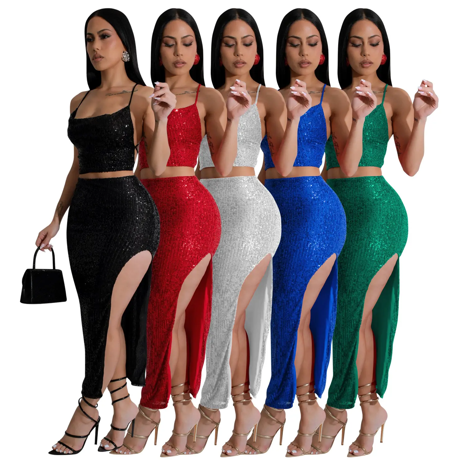 Women's Sequin Skirt Set Sexy Slit Skirt Camisole Nightclub Party Outfit