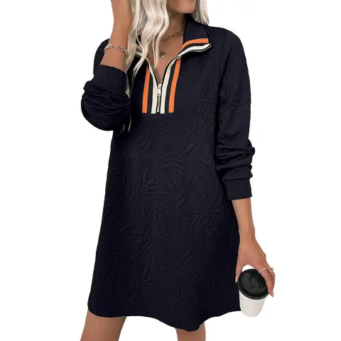 EVALESS Women's Mockneck Quarter Zip Long Sleeve Casual Pullover Sweatshirt Mini Dress - Above Knee, Workout, Dating, Evening, Fall Ready-to-Wear Casual Womens Dress with Chain