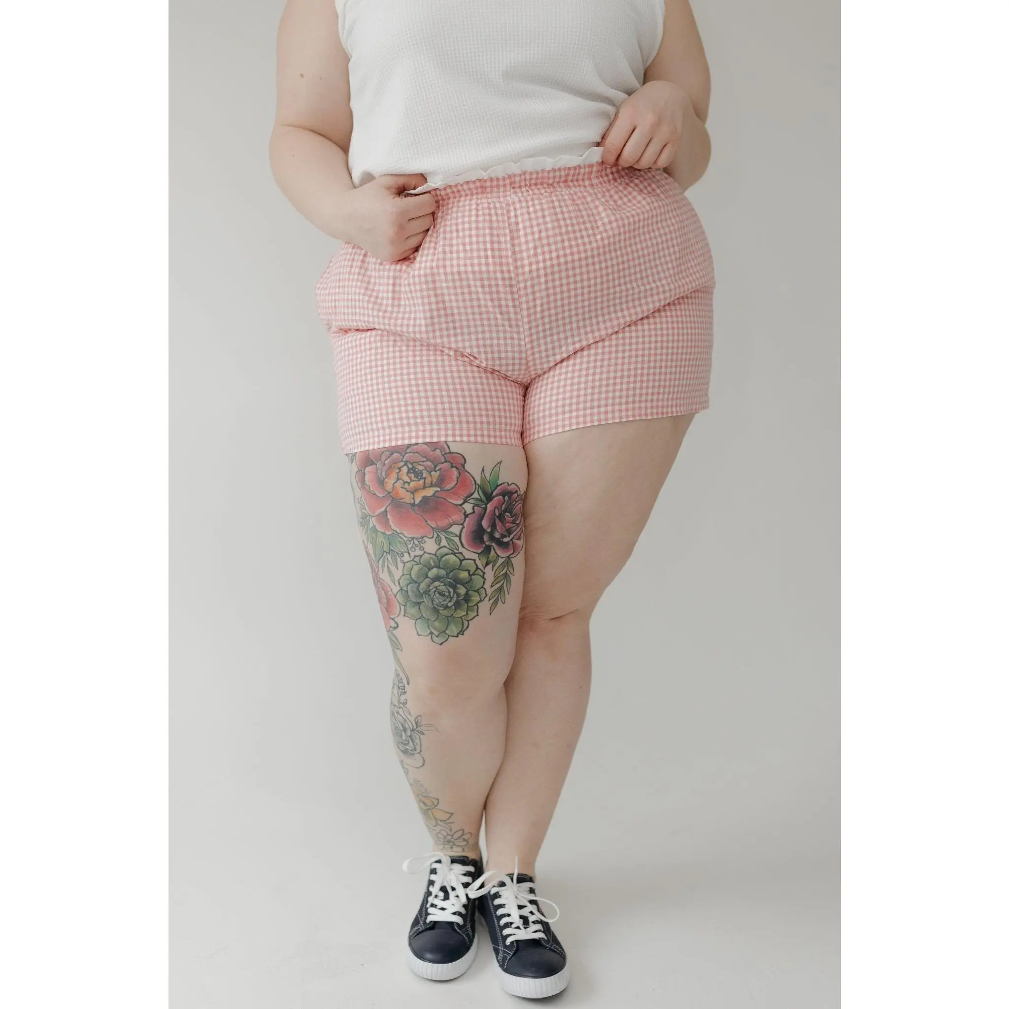 Women's Cute Gingham Bottom Shorts - Casual Boxy Fit, Breathable Lightweight Pink Cotton Fabric, Elastic Waist, Contrast Frill Trim for Daily Wear, Print, Comfy, Day, Everyday, Gingham Plaid, Plus Sizes, Contrast Trim, Gingham Print