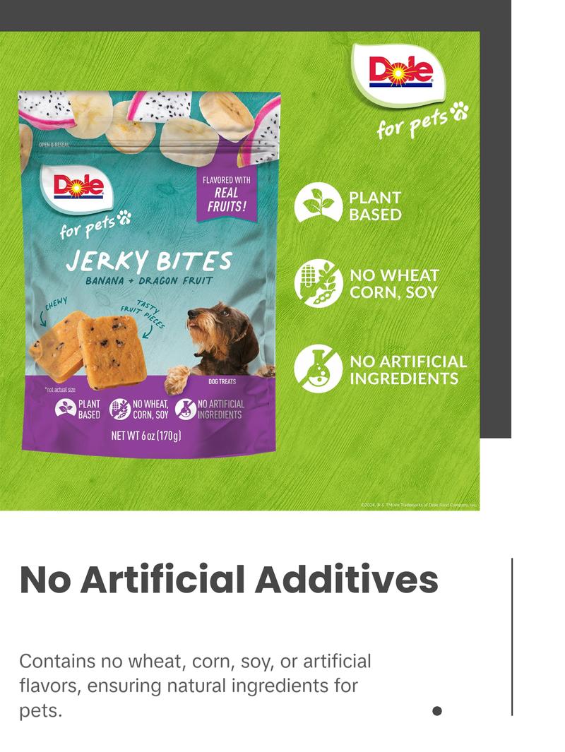 Dole for Pets Fruit Jerky Bites Dog Treats, Banana and Dragon Fruit - Flavored with Real Fruits, No Wheat, Corn, Soy, Artificial Flavors, Colors, or Preservatives, 6 Oz