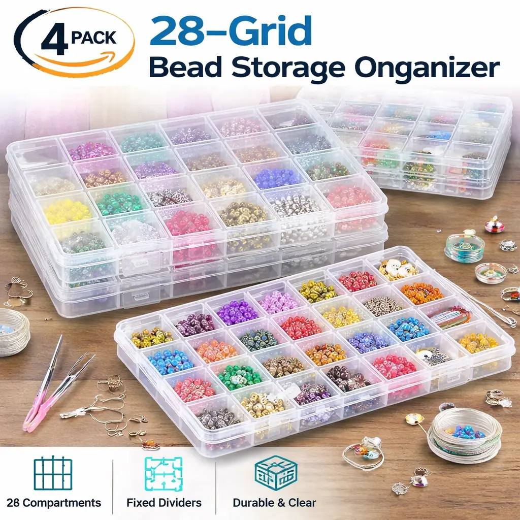 4 Pack 28-Grid Bead Organizer Box with Fixed Dividers – Clear Plastic Storage Container for Jewelry Beads, Accessories, Sewing Supplies, Drawing Tools, and Small Parts – Stackable Craft Organizer for Home, Studio, and Travel