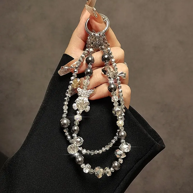 "Dark Night Starlight" premium black/silver crystal double-layer phone lanyard, affordable luxury anti-loss strap