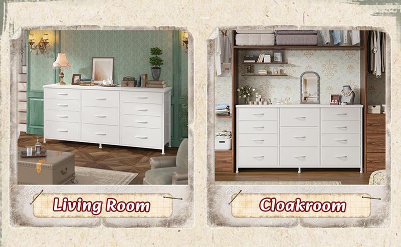 RaybeeFurniture Dresser for Bedroom with 11 Fabric Drawers, Dresser TV Stand for 50, 55 Inch TV, Storage Chest of Drawers, Closet, Entryway, Sturdy Metal Frame & Wood Top