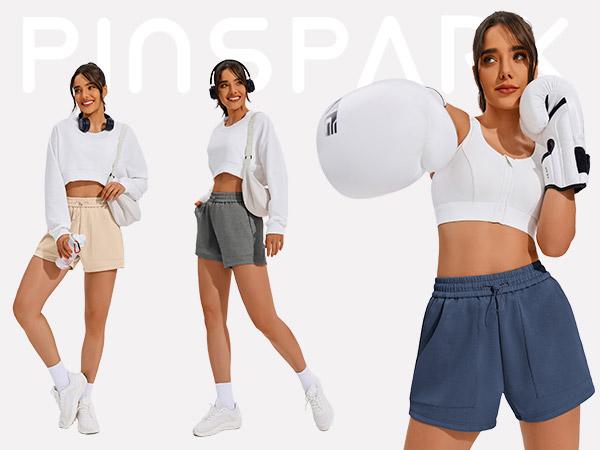 Pinspark Sweat Shorts for Women Casual Summer Athletic Shorts with Pockets, Adjustable Drawstring Fit, Black Color, Comfy Lounge Style