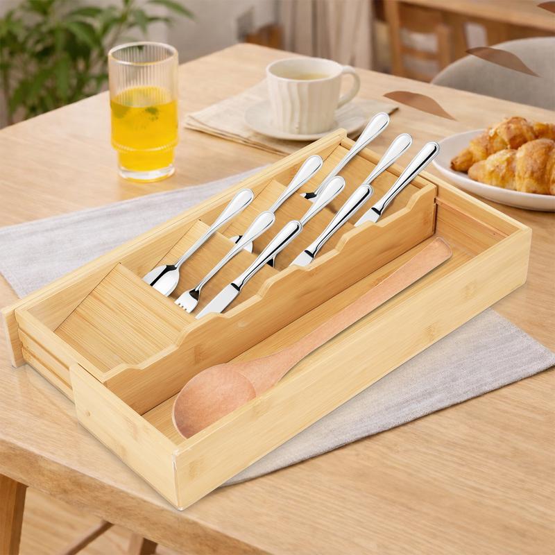 Bamboo Adjustable Cutlery Drawer Organizer Expandable Utensil Tray for Kitchen Drawers Compact Storage for Spoons Forks Knives Easy Access Clean Collapsible Eco-Friendly Flatware Holder