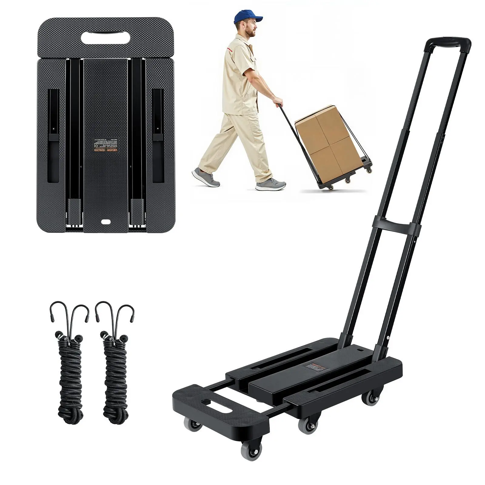 【SummerFinds】VEVOR Folding Hand Truck, 500 lbs Load Capacity, Collapsible Luggage Cart with 6 Wheels, 2 Elastic Ropes & Expandable Base, Utility Dolly Platform Cart for Airport Travel Luggage Office Moving, Black