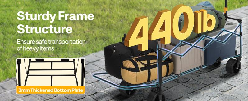 VIVOHOME 48''L Extended Collapsible Wagon Cart with 440lbs Weight Capacity, Heavy Duty 350L Folding Utility Garden Cart with Extended Tailgate and Big All-Terrain Beach Wheels