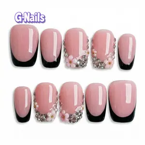 G-Nails A100 10pcs Handmade Press On Nails Reusable Short Square Nails with Glittering Ringstone Design Black French Tips Premium Craftsmanship