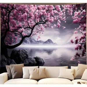Cherry Blossom Tapestry Wall Hanging, Asian Cherry Blossom Tapestry Mountain Landscape Calm Lake Water Ocean Background Natural Tapestry Bedroom Aesthetic Living Room Wall Art Decoration 60x40inchTapestry Decor