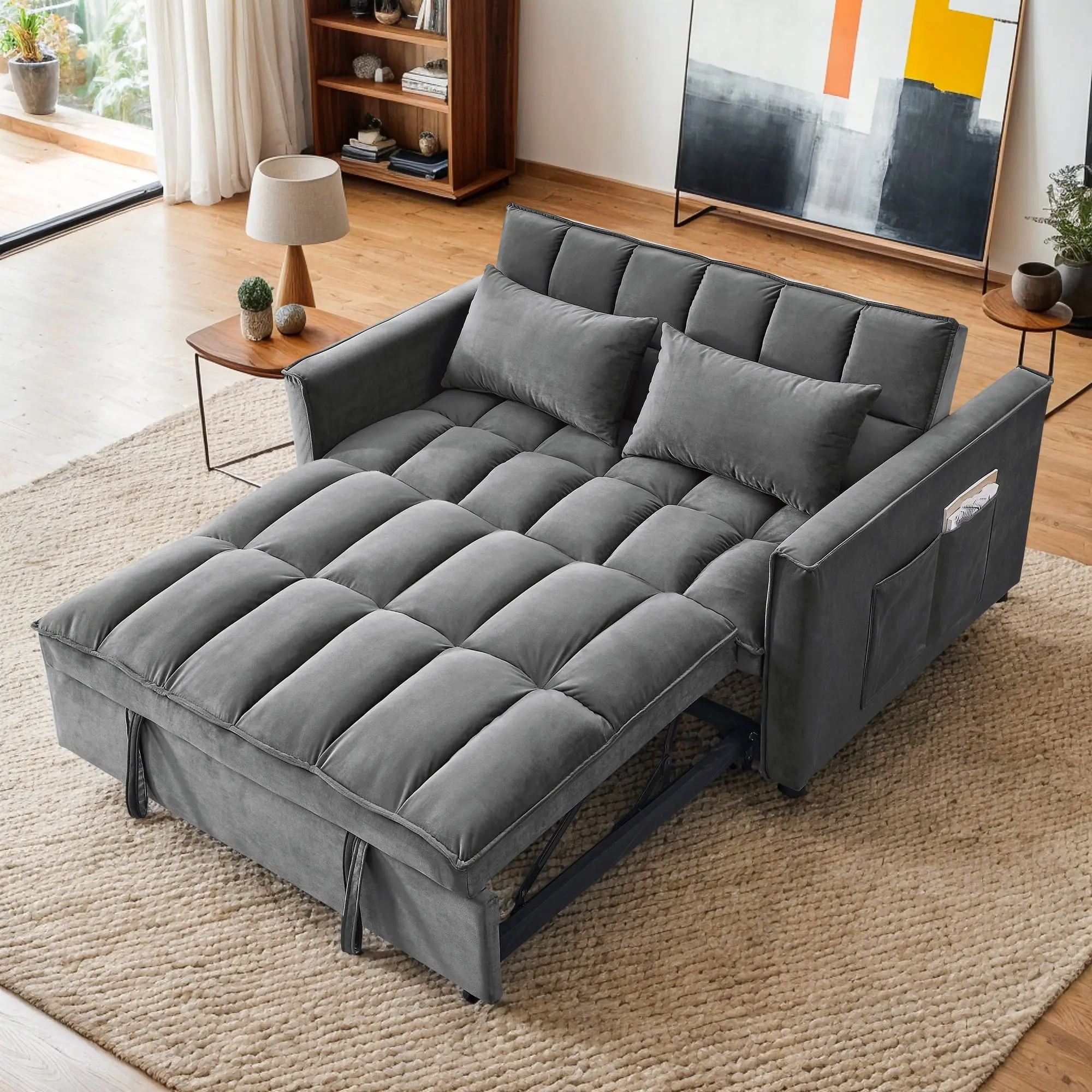 Spaco 3-in-1 Convertible Modern Fabric Futon Couch - Upholstered Sofas Loveseat Sleeper with Fixed Arms, Side Pocket, Adjustable Backrest, Pull-Out Daybed, Cushion, Sturdy Dual-Purpose Living Room Furniture, Assembly Required, Apartment Use, Couch For Liv
