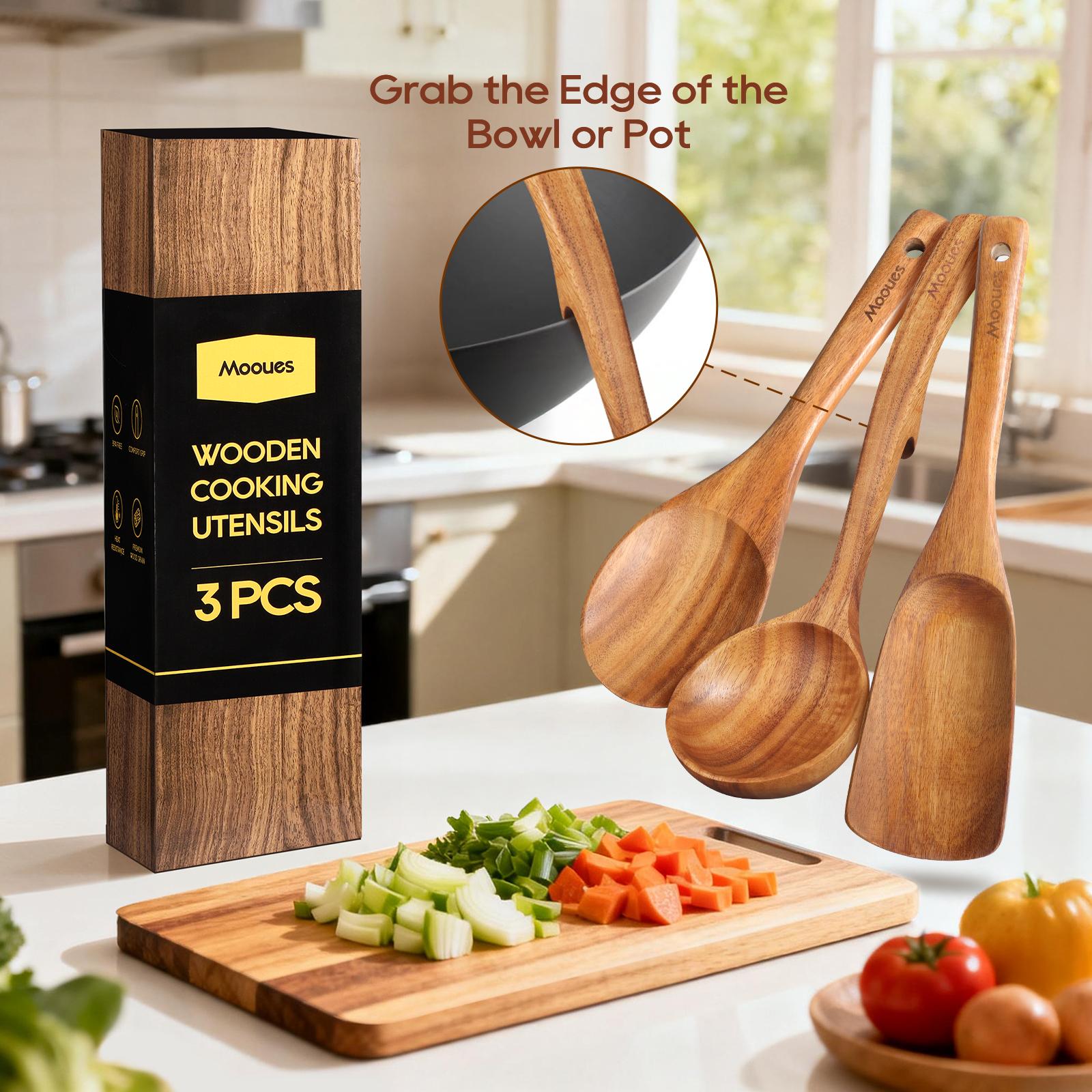 Mooues Natural Teak Wooden Kitchen Utensils Set - 3-15 Piece Safe Eco-Friendly Utensils with Comfort-Grip Spoons & Spatulas for Home Cooking CozyVibes Mooues Natural Teak Wooden Kitchen Utensils Set - 3-15 Piece Safe Eco-Friendly Utensils with Comfort-Grip Spoons & Spatulas for Home Cooking CozyVibes