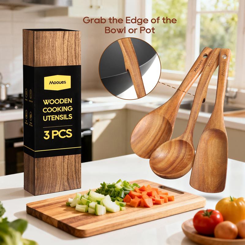 Mooues Natural Teak Wooden Kitchen Utensils Set - 3-15 Piece Safe Eco-Friendly Utensils with Comfort-Grip Spoons & Spatulas for Home Cooking CozyVibes