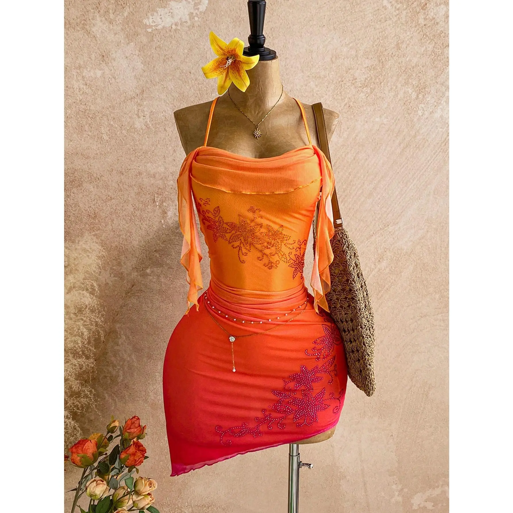 DealsForYouDays Women's Gradient Rhinestone Floral Ruffle Mini Dress, Suitable For Holiday, Date, Afternoon Tea, Beach