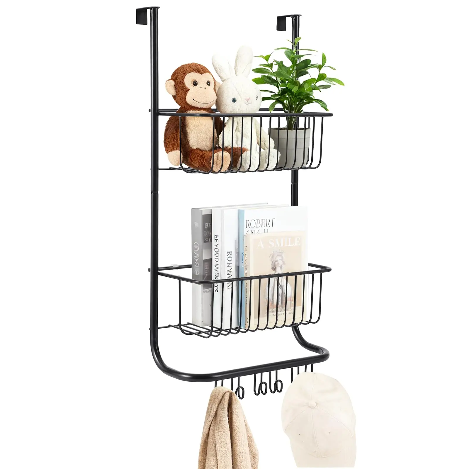 Garvee Over The Door Organizer, 2-Tier Metal Shower Caddy with 6 Hooks, Adjustable Hanging Storage for Bathroom, Bedroom, Pantry & Closet, Space Saving Solution, 11.8"x5.1"x24.2"